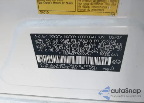 2007 Lexus Gs 350 from USA, damaged, VIN JTHBE96S770022691